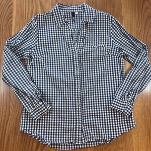 KUT FROM THE KLOTH Womens Navy White Gingham Button Down Shirt Top XL‎ Long A5